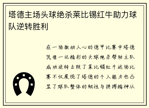 塔德主场头球绝杀莱比锡红牛助力球队逆转胜利 塔德主场头球绝杀莱比锡红牛助力球队逆转胜利